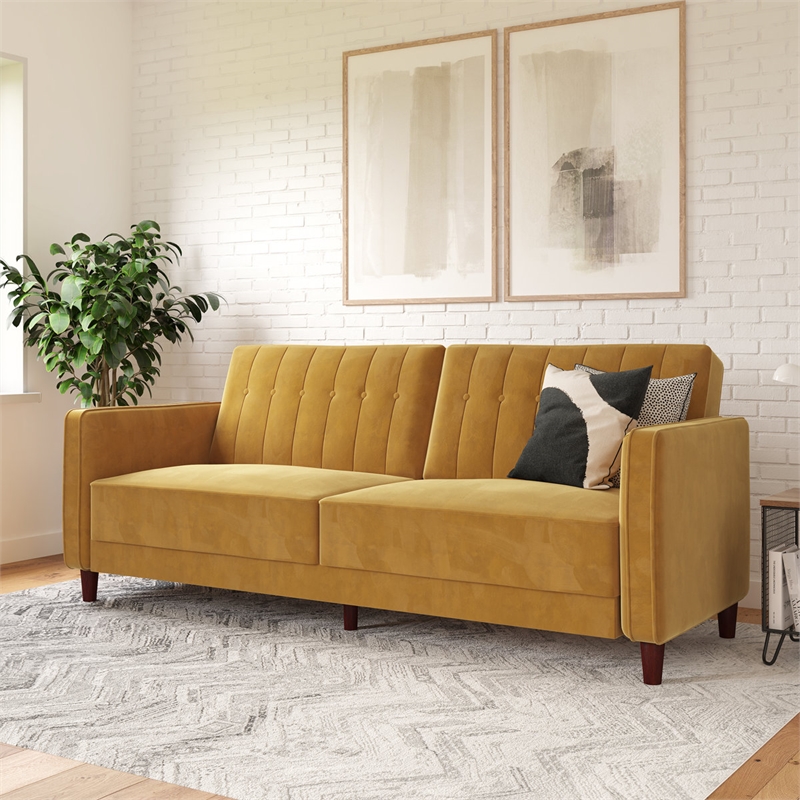 Elara Channel Tufted Transitional Convertible Sofa - Futon in Mustard Velvet