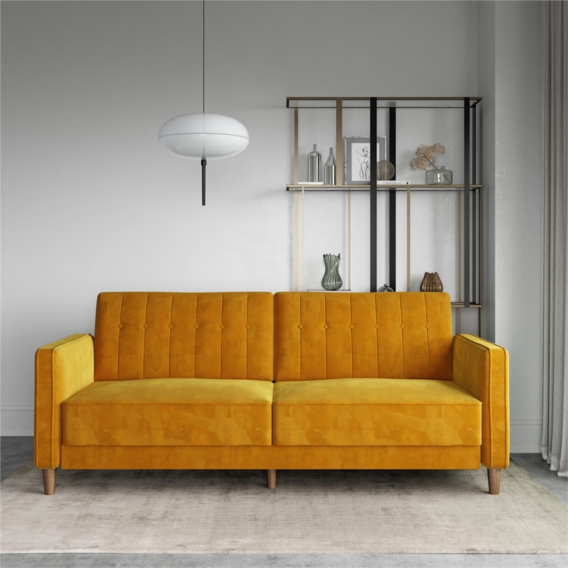 Elara Channel Tufted Transitional Convertible Sofa - Futon in Mustard Velvet