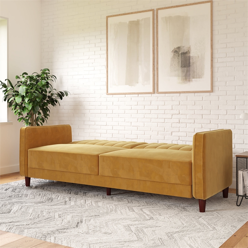 Elara Channel Tufted Transitional Convertible Sofa - Futon in Mustard Velvet