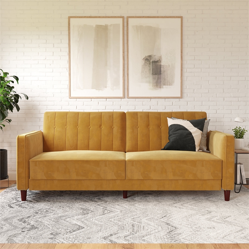 Elara Channel Tufted Transitional Convertible Sofa - Futon in Mustard Velvet
