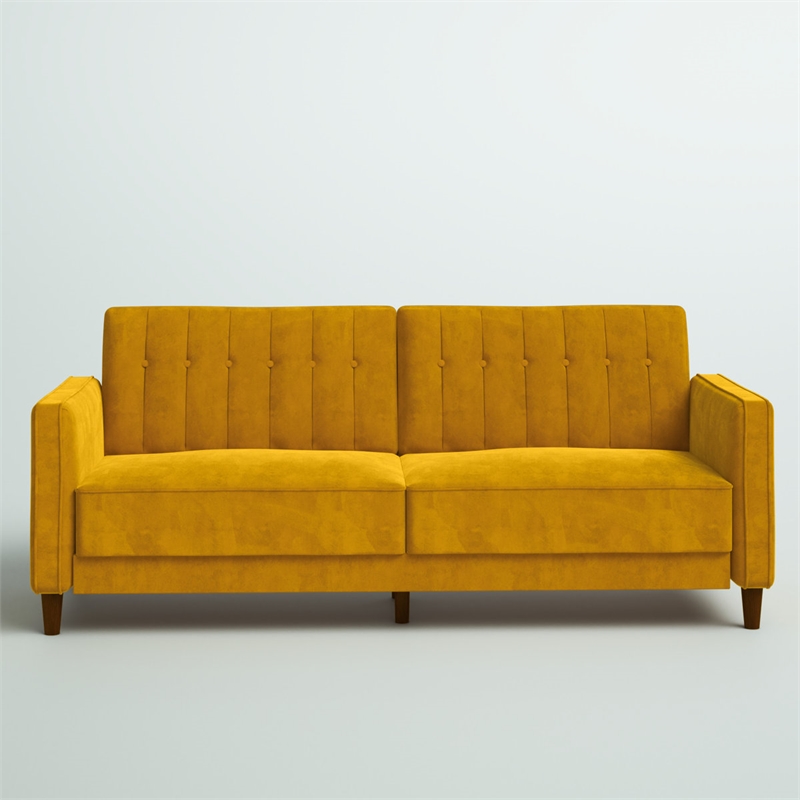 Elara Channel Tufted Transitional Convertible Sofa - Futon in Mustard Velvet
