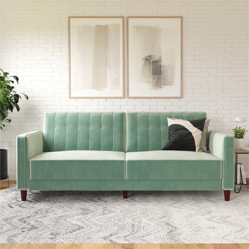 Elara Channel Tufted Transitional Convertible Sofa - Futon in Light Green Velvet