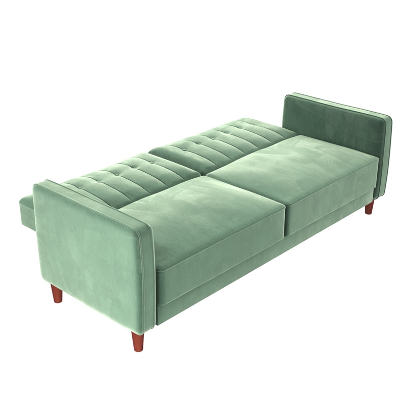 Elara Channel Tufted Transitional Convertible Sofa - Futon in Light Green Velvet