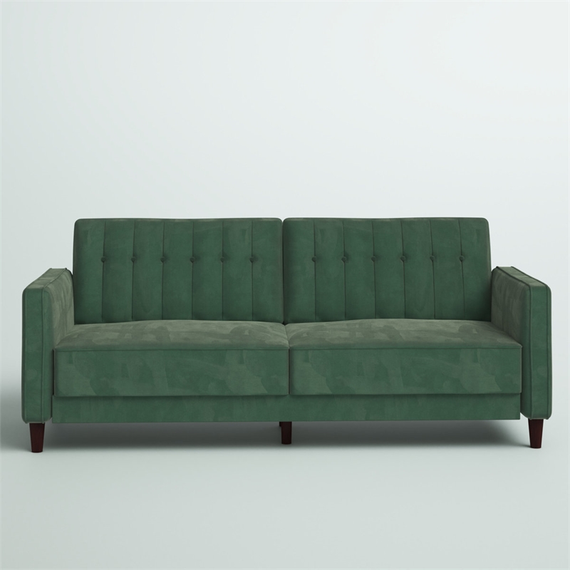 Elara Channel Tufted Transitional Convertible Sofa - Futon in Light Green Velvet