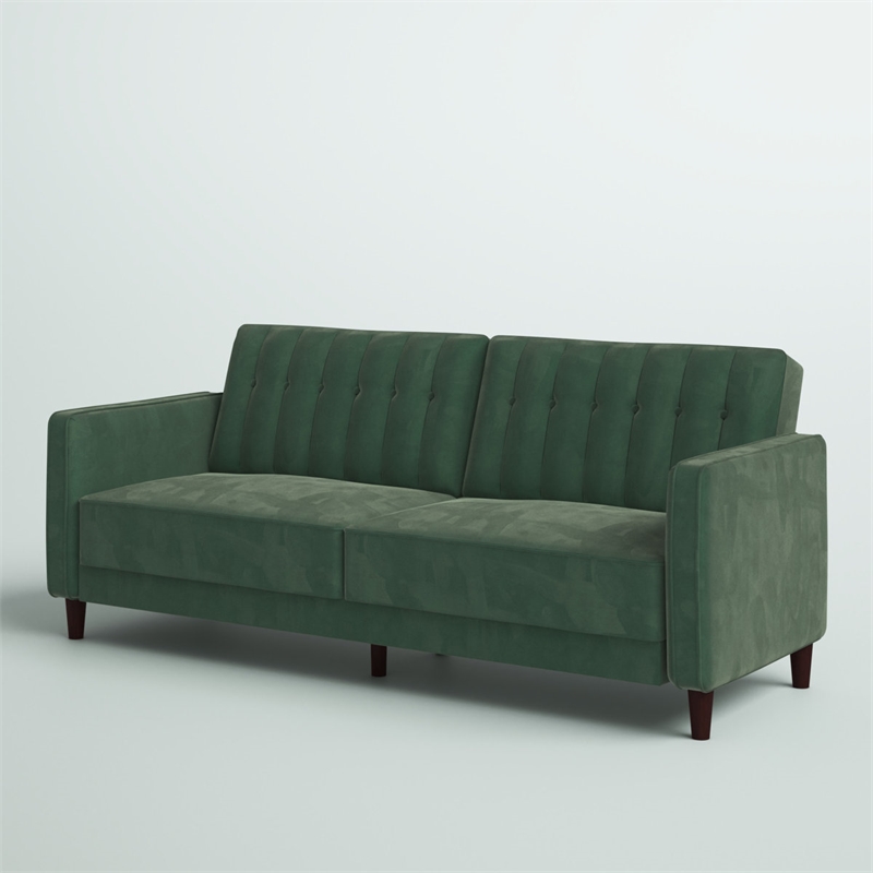Elara Channel Tufted Transitional Convertible Sofa - Futon in Light Green Velvet