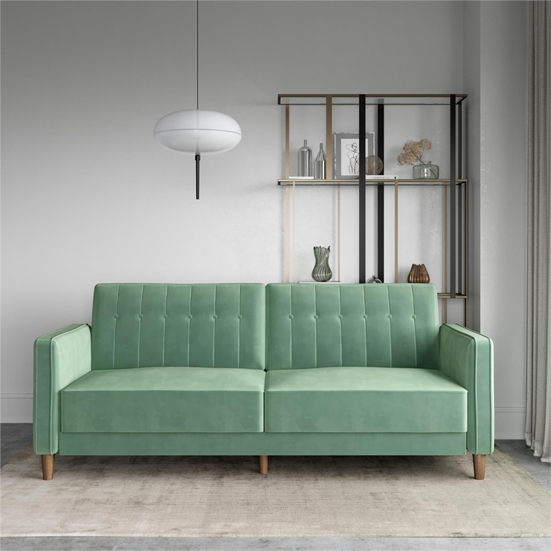 Elara Channel Tufted Transitional Convertible Sofa - Futon in Light Green Velvet