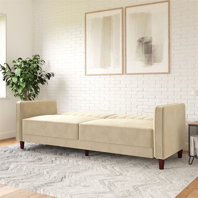 Pin Tufted Transitional Futon in Tan Velvet