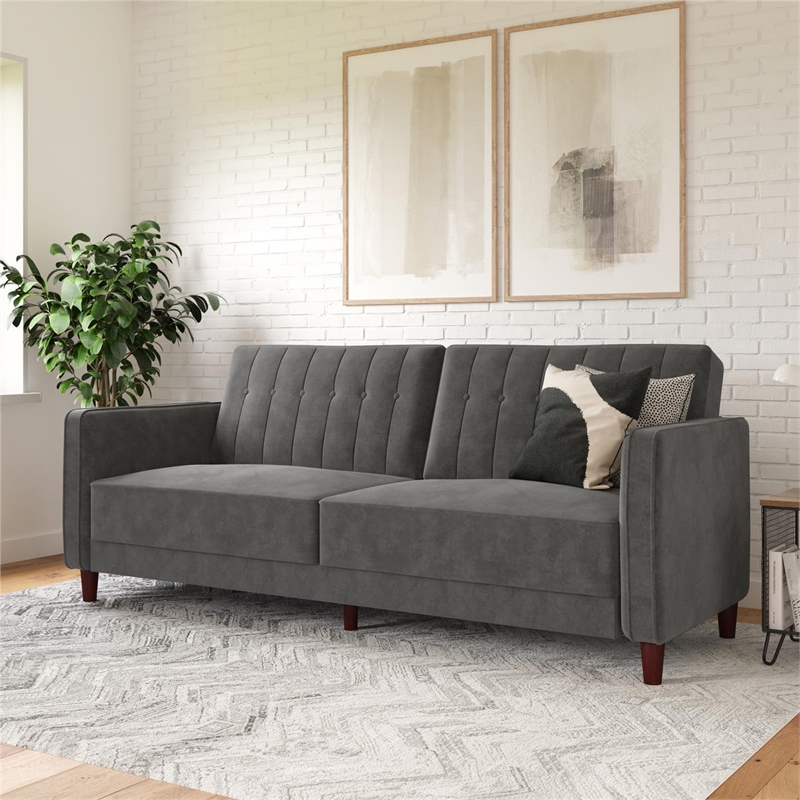 Pin Tufted Transitional Futon in Gray Velvet