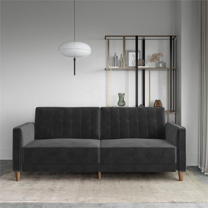 Pin Tufted Transitional Futon in Gray Velvet