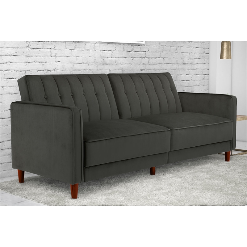 Pin Tufted Transitional Futon in Gray Velvet