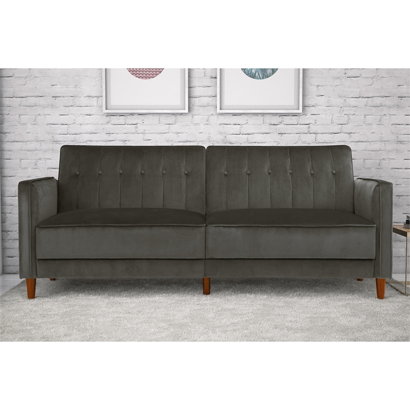 Pin Tufted Transitional Futon in Gray Velvet