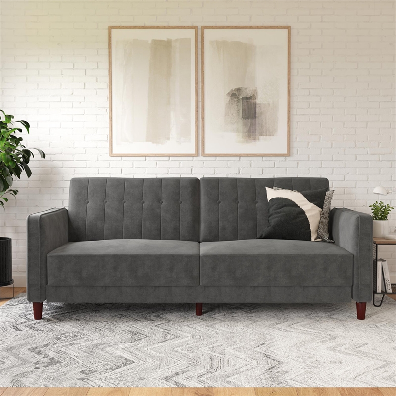 Pin Tufted Transitional Futon in Gray Velvet