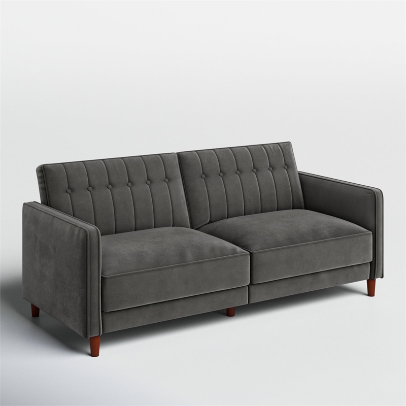 Pin Tufted Transitional Futon in Gray Velvet