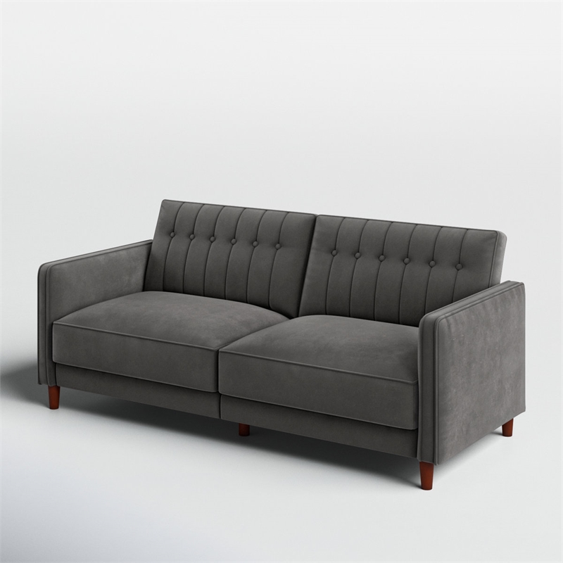 Pin Tufted Transitional Futon in Gray Velvet