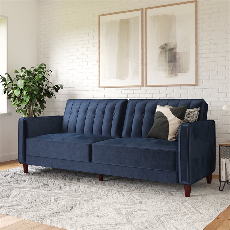 Pin Tufted Transitional Futon in Blue Velvet