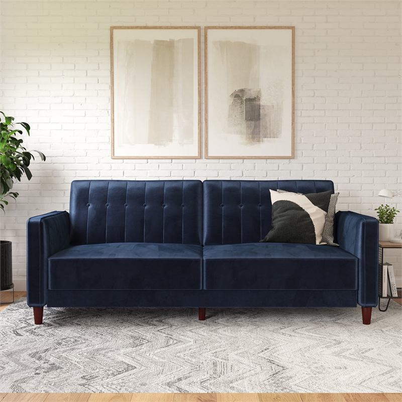 Pin Tufted Transitional Futon in Blue Velvet