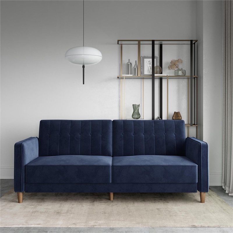 Pin Tufted Transitional Futon in Blue Velvet