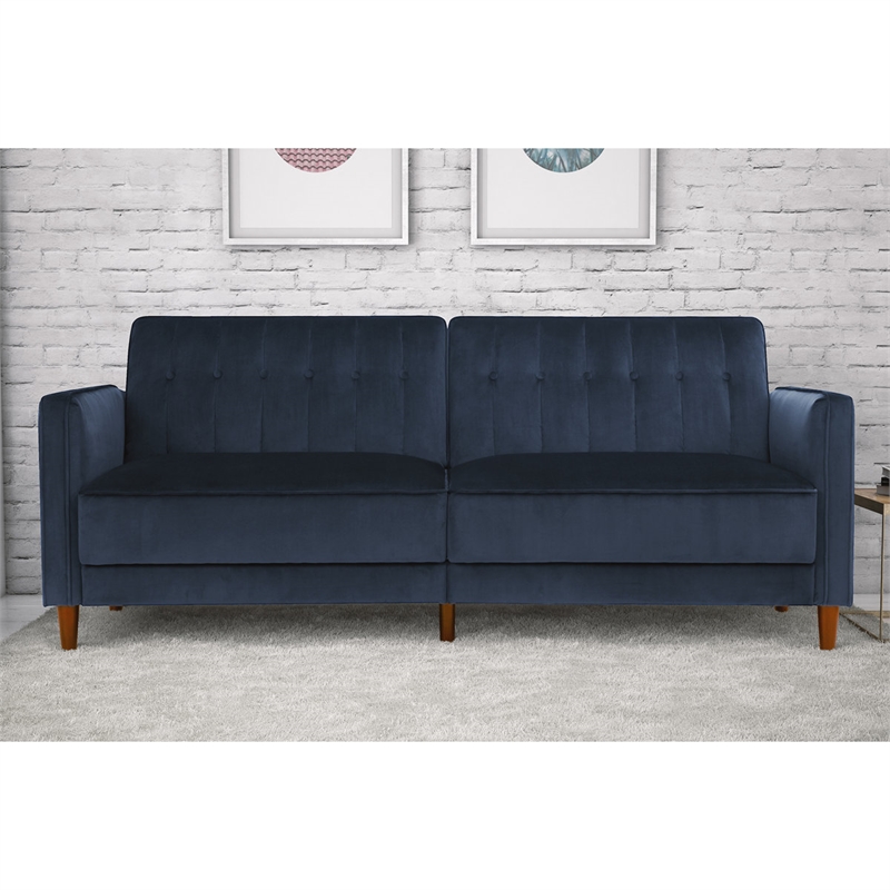 Pin Tufted Transitional Futon in Blue Velvet