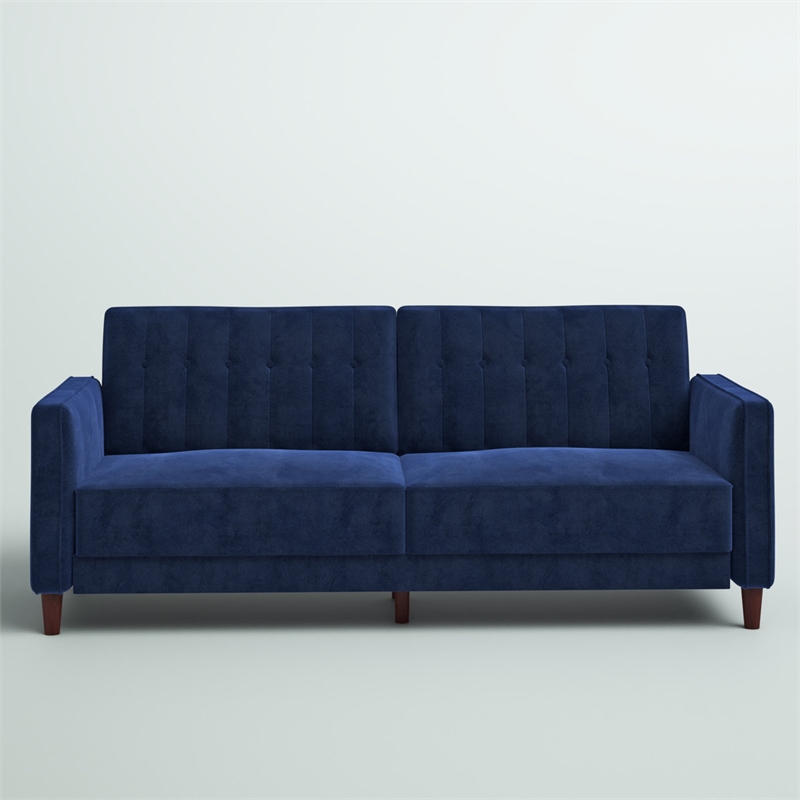 Pin Tufted Transitional Futon in Blue Velvet