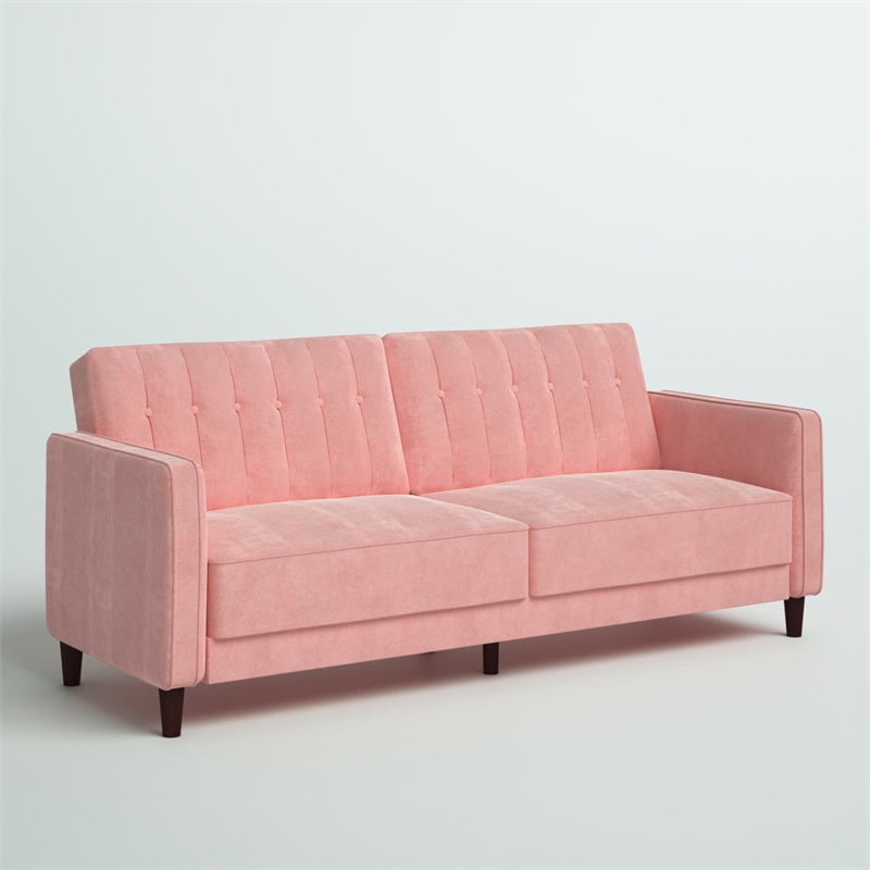 Elara Channel Tufted Transitional Convertible Sofa - Futon in Pink Velvet