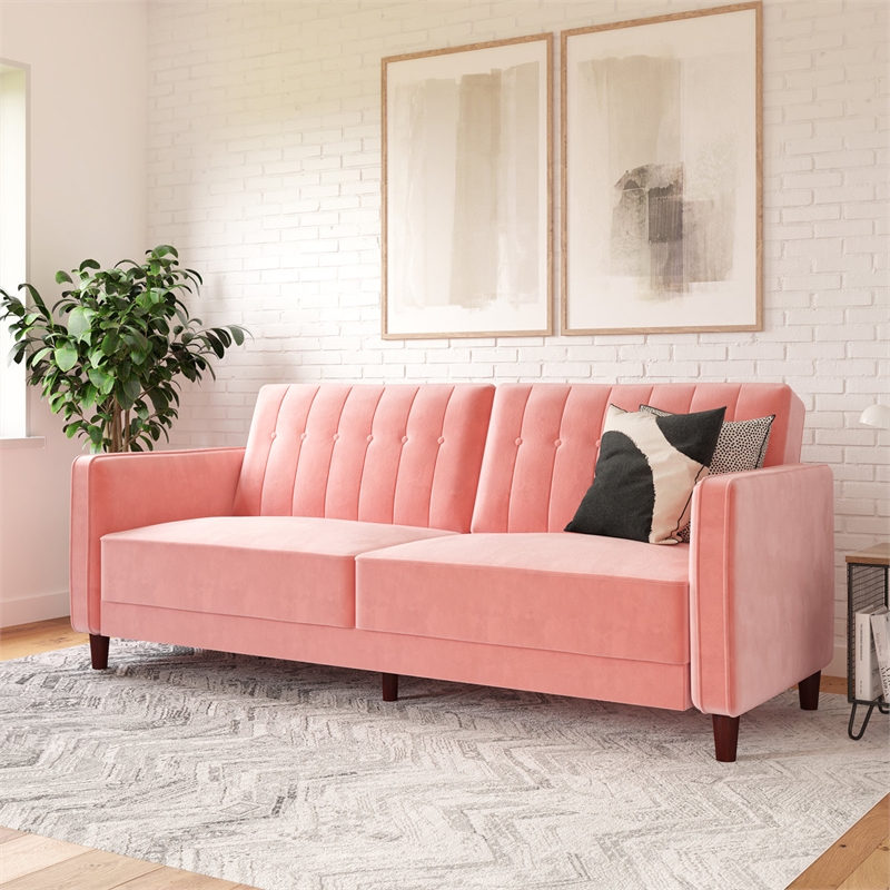Elara Channel Tufted Transitional Convertible Sofa - Futon in Pink Velvet