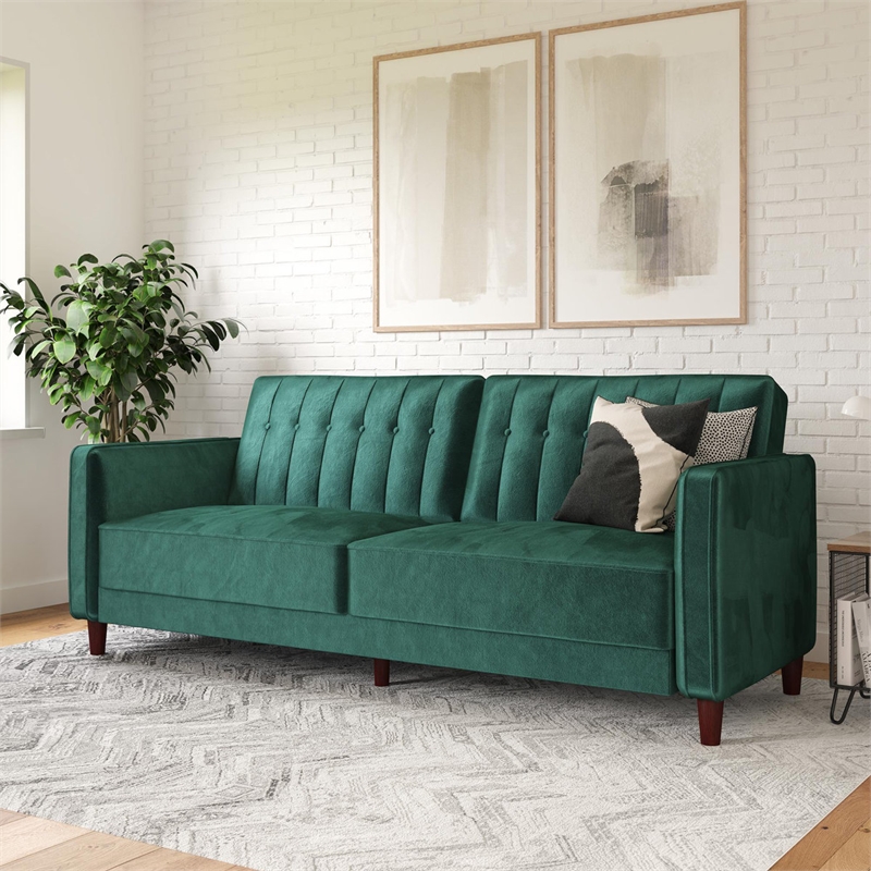 Elara Channel Tufted Transitional Convertible Sofa - Futon in Emerald Green Velvet