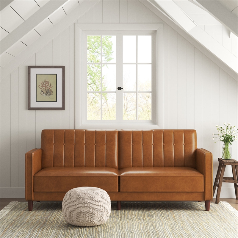 Elara Channel Tufted Transitional Convertible Sofa - Futon in Camel Faux Leather
