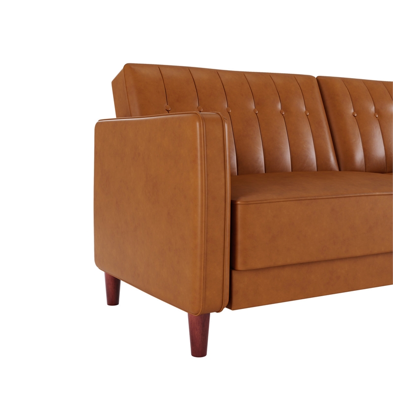 Elara Channel Tufted Transitional Convertible Sofa - Futon in Camel Faux Leather