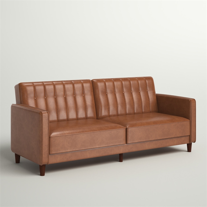 Elara Channel Tufted Transitional Convertible Sofa - Futon in Camel Faux Leather