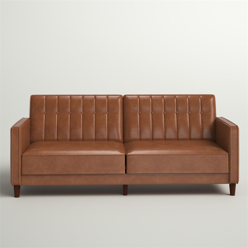 Elara Channel Tufted Transitional Convertible Sofa - Futon in Camel Faux Leather