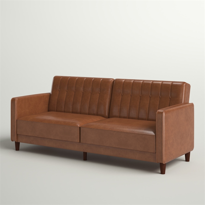 Elara Channel Tufted Transitional Convertible Sofa - Futon in Camel Faux Leather