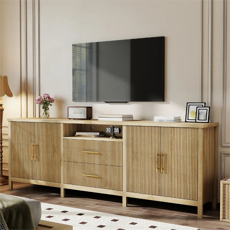 Modern Fluted TV Stand for TVs up to 100 Inch Light Wood Finish