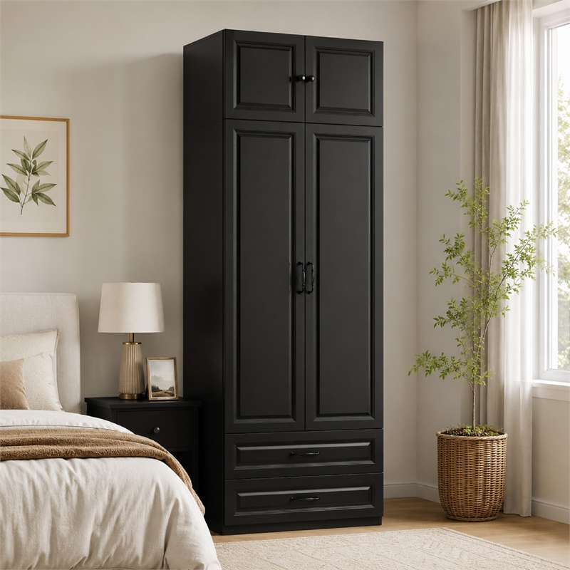 Armoire Closet with Hanging Rod w/ 4 Doors & 2 Drawers Black