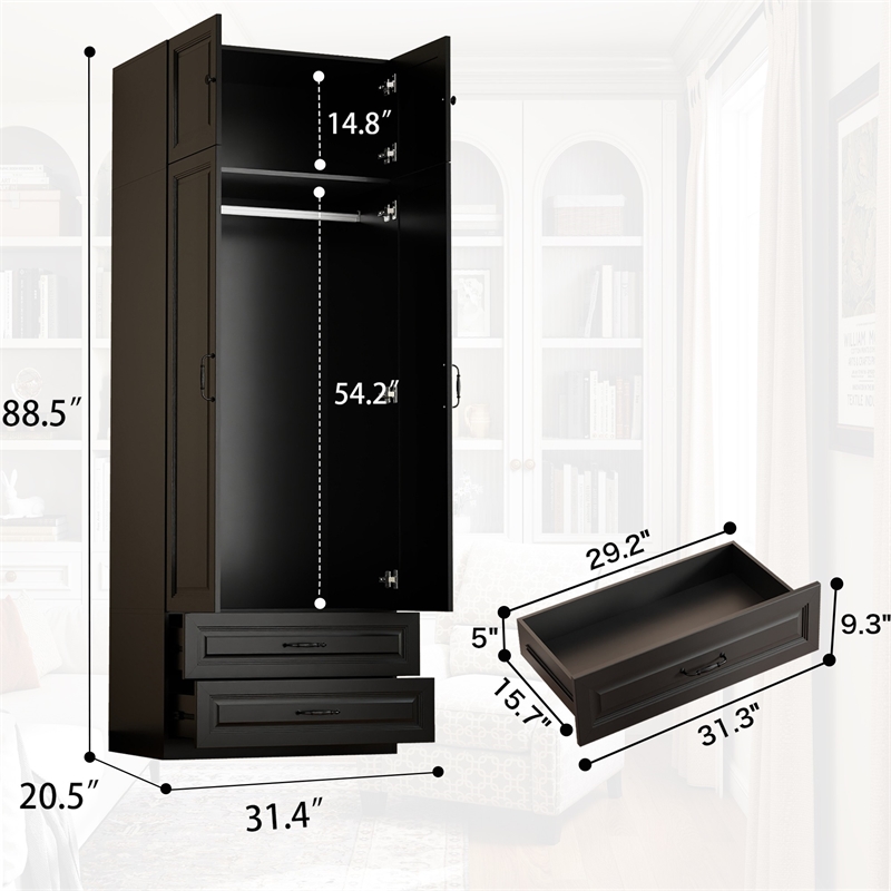Armoire Closet with Hanging Rod w/ 4 Doors & 2 Drawers Black