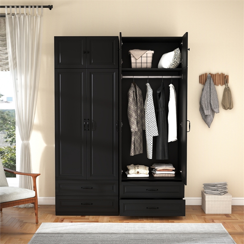 Armoire Closet with Hanging Rod w/ 4 Doors & 2 Drawers Black