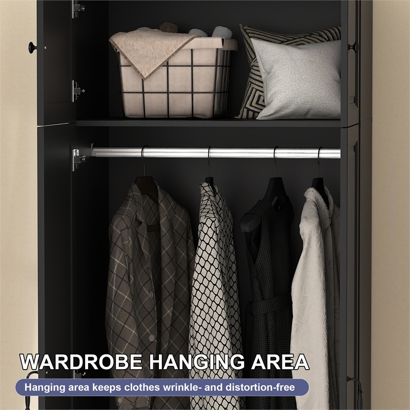 Armoire Closet with Hanging Rod w/ 4 Doors & 2 Drawers Black