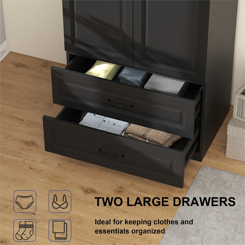Armoire Closet with Hanging Rod w/ 4 Doors & 2 Drawers Black