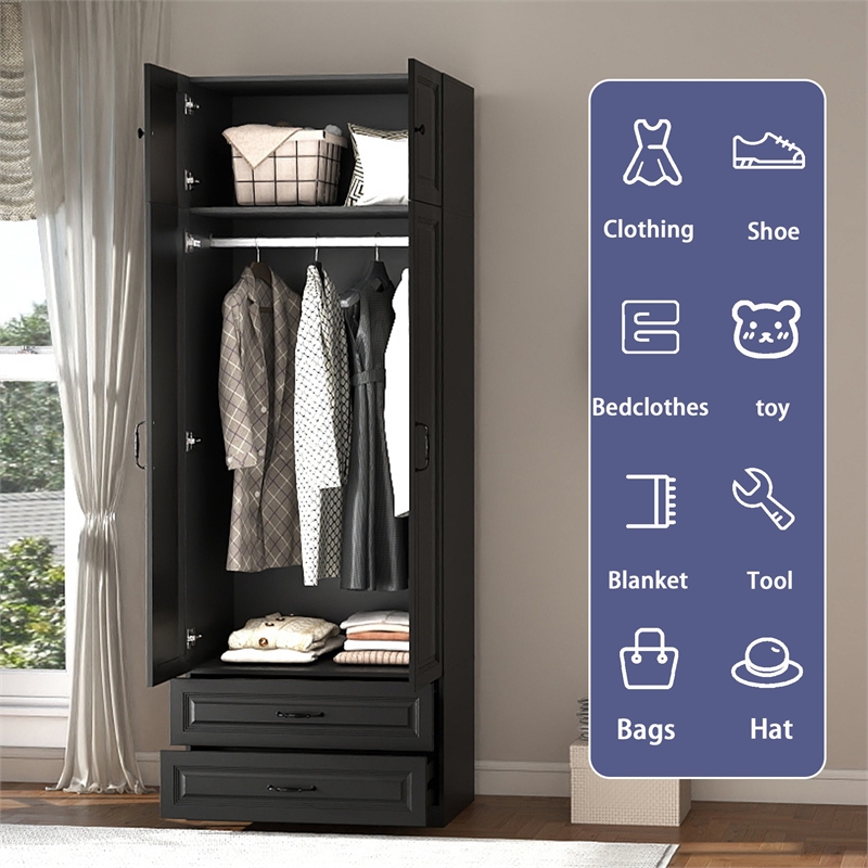 Armoire Closet with Hanging Rod w/ 4 Doors & 2 Drawers Black