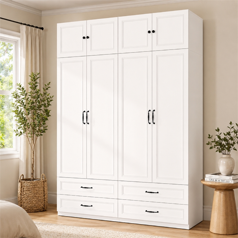 Large Armoire Closet with 4 Drawers & Hanging Rod White