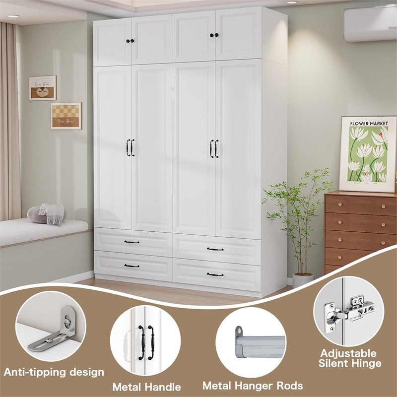 Large Armoire Closet with 4 Drawers & Hanging Rod White