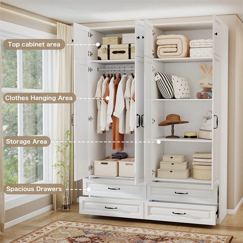 Large Armoire Closet with 4 Drawers & Hanging Rod White