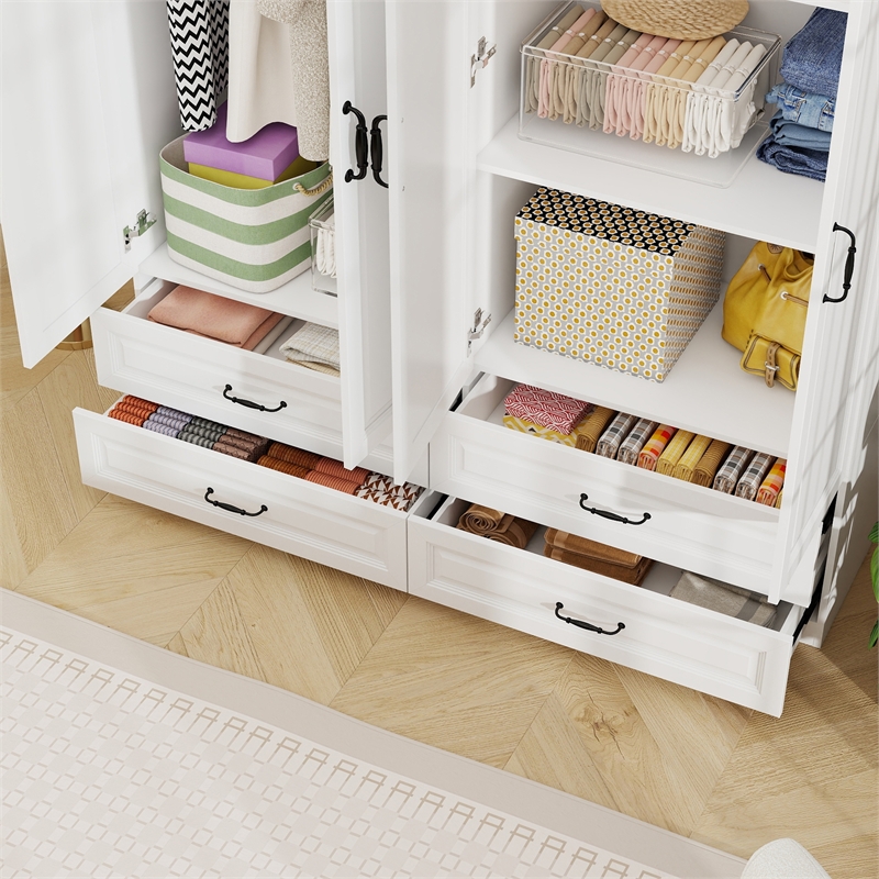 Large Armoire Closet with 4 Drawers & Hanging Rod White