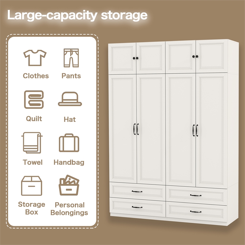Large Armoire Closet with 4 Drawers & Hanging Rod White