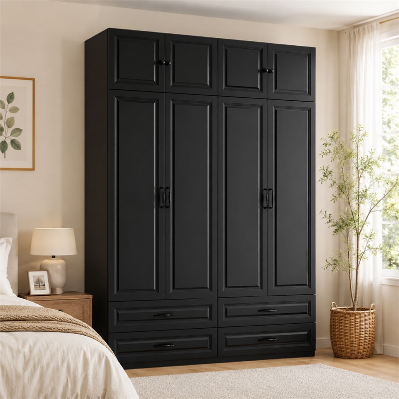 Modern Large Armoire Closet with 4 Drawers & Hanging Rod Black