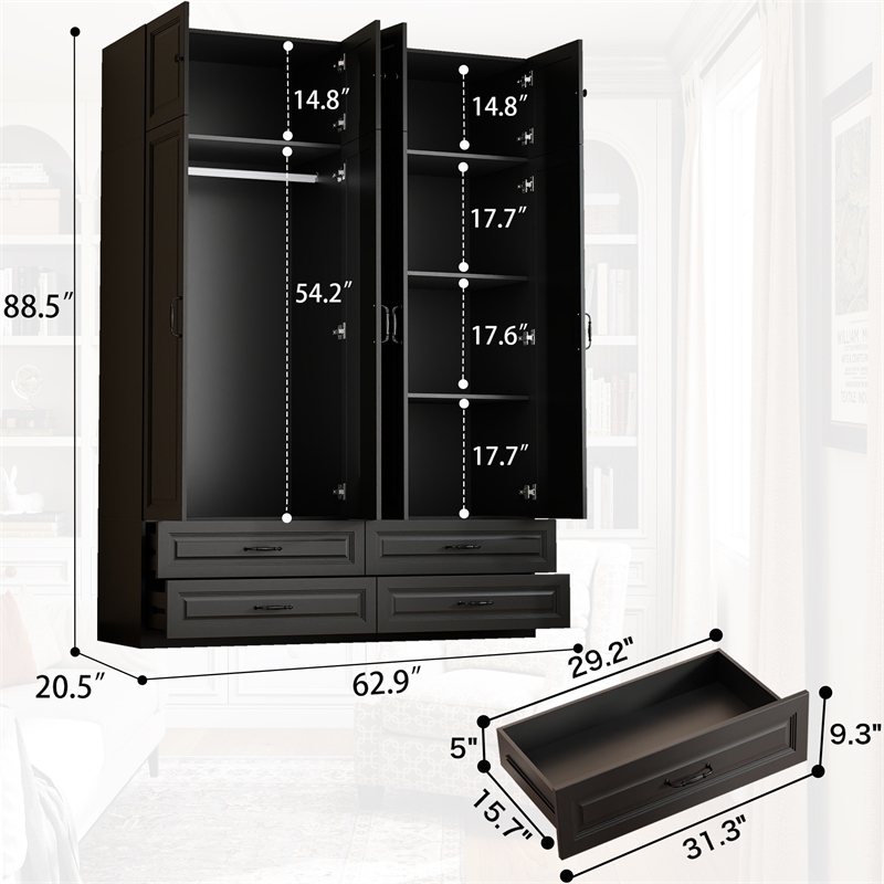 Modern Large Armoire Closet with 4 Drawers & Hanging Rod Black
