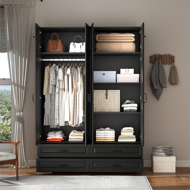 Modern Large Armoire Closet with 4 Drawers & Hanging Rod Black