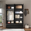 Modern Large Armoire Closet with 4 Drawers & Hanging Rod Black