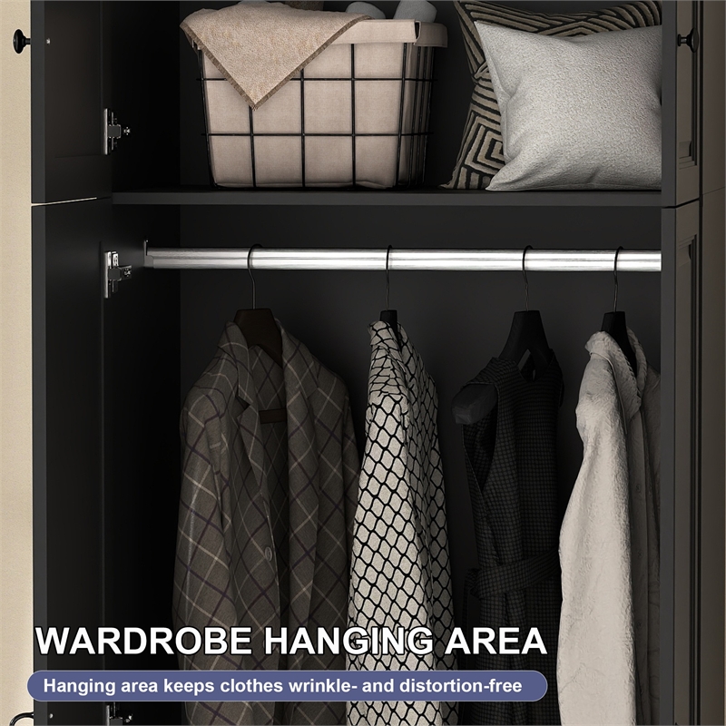 Modern Large Armoire Closet with 4 Drawers & Hanging Rod Black