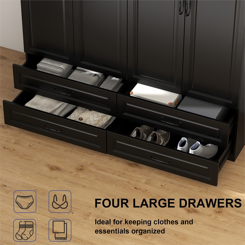 Modern Large Armoire Closet with 4 Drawers & Hanging Rod Black