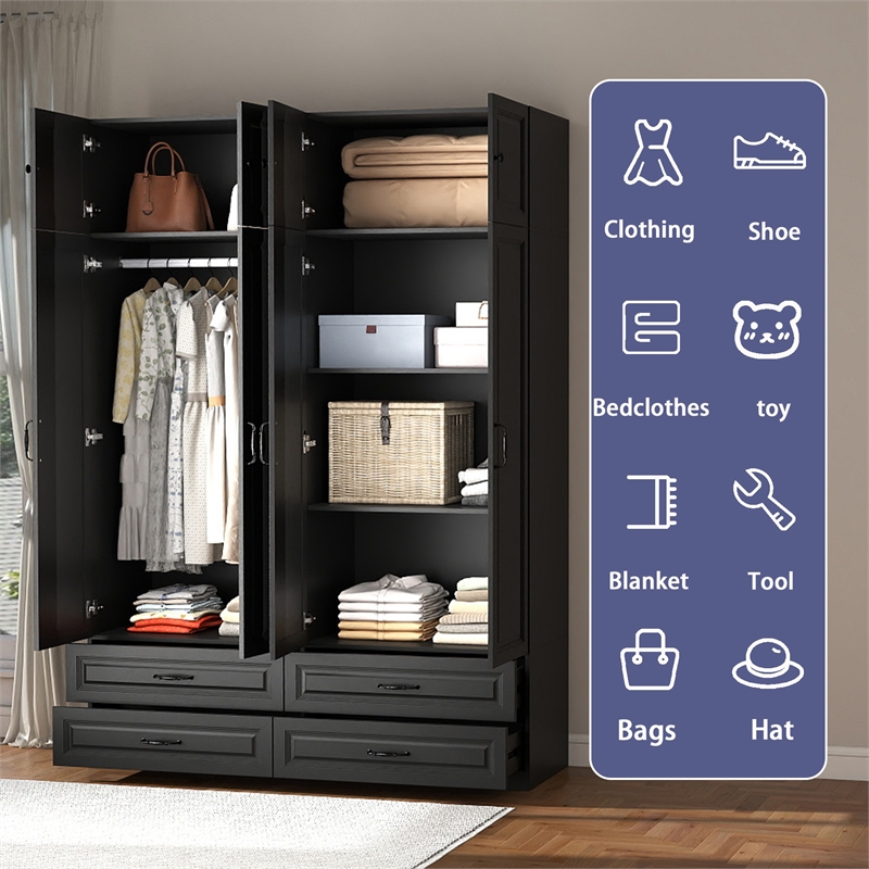 Modern Large Armoire Closet with 4 Drawers & Hanging Rod Black